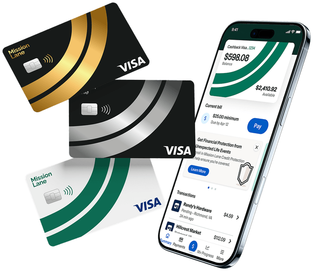 Mission Lane Visa Green and Silver Line credit cards with mobile phone showing account details